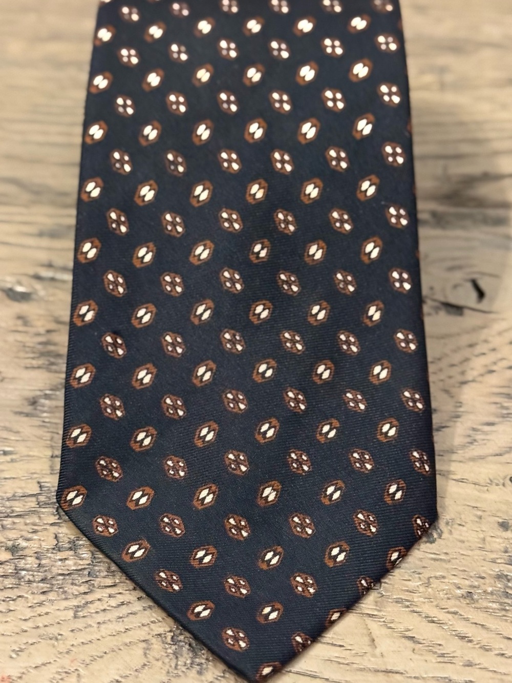 Brooks Brothers Navy Tie with Brown Medallion Pattern